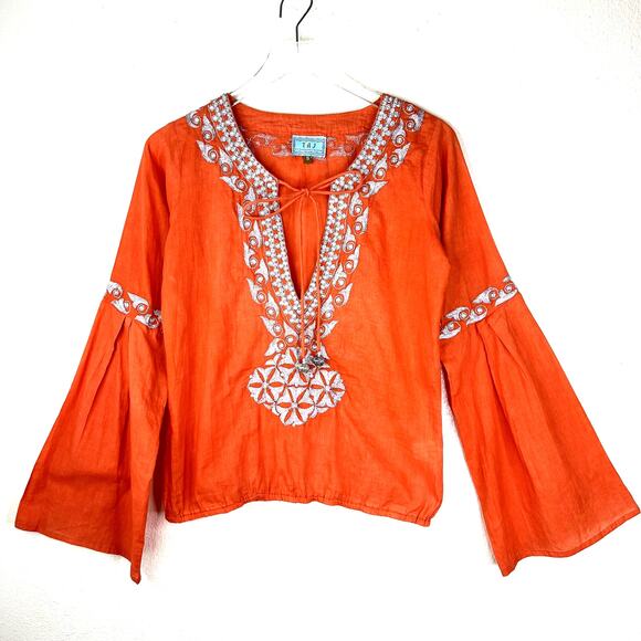 Taj by Sabrina Crippa Popover Blouse Top Orange Metallic Silver Embroidery SMALL - Picture 1 of 8